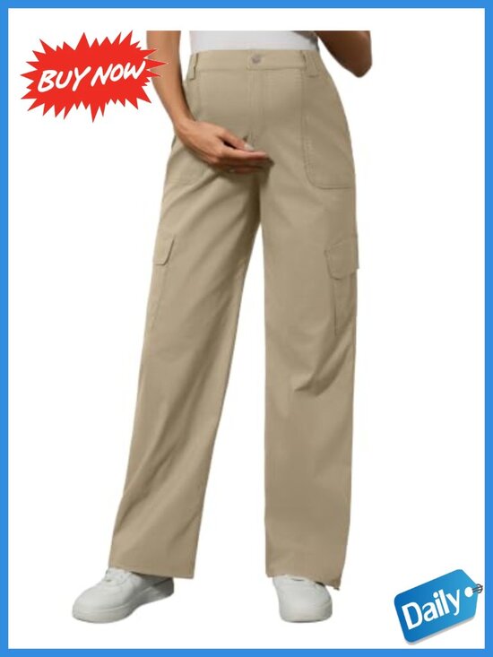 Pants - Straight Leg Maternity Cargo Pants Mid Rise Stretch Drawstring Hem